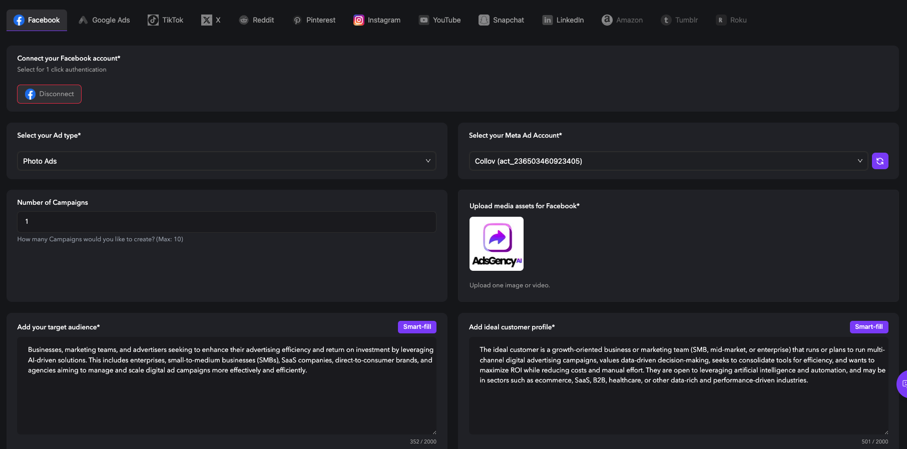 AdsGency campaign setup screen